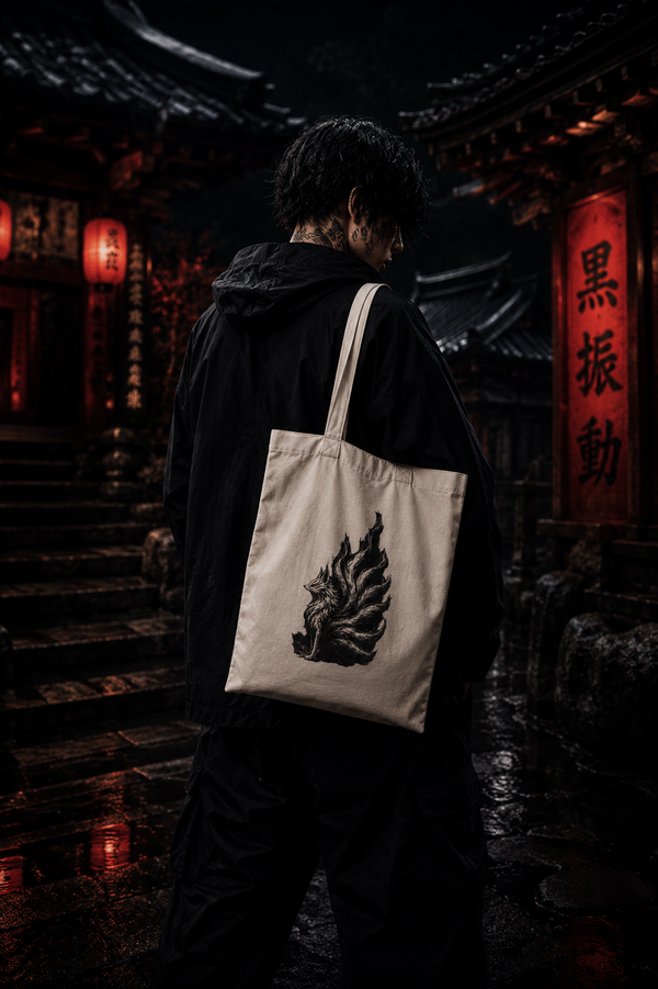 Japanese Kitsune Fox Canvas Tote Bag | Gothic Cotton Tote | Dark Aesthetic Eco-Friendly Reusable Shopping Bag | Minimalist Streetwear Gift for Anime & Japanese Art Lovers