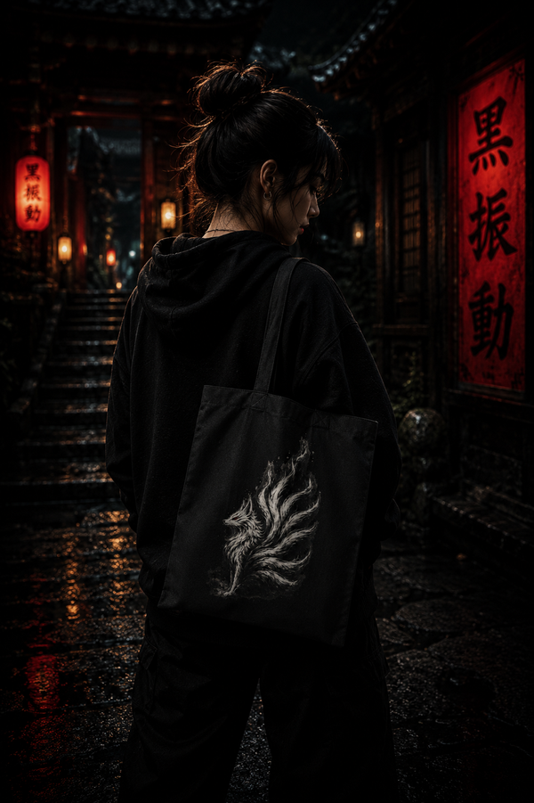 Japanese Kitsune Fox Canvas Tote Bag | Gothic Cotton Tote | Dark Aesthetic Eco-Friendly Reusable Shopping Bag | Minimalist Streetwear Gift for Anime & Japanese Art Lovers